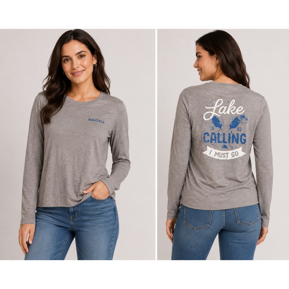 District Long Sleeve T-Shirt Womens Large Grey Lake Calling Graphic Tee DT104L